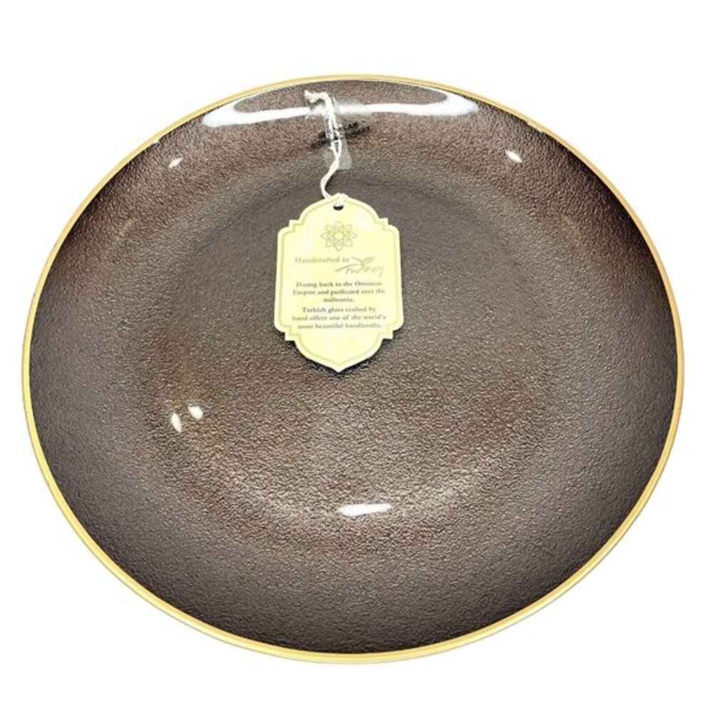 Turkish Glass 4 Entree Dinner Plates Set Brown Textured Gold Rim 11" NWT